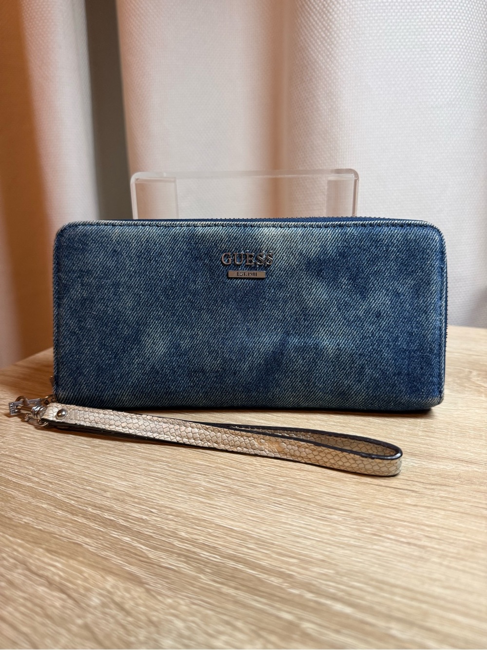 GUESS Denim Zip Around Wristlet Wallet - Blue